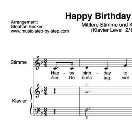 "Happy Birthday To You" für mittlere Stimme (Klavierbegleitung Level 2/10) | inkl. Aufnahme, Text und Playalong