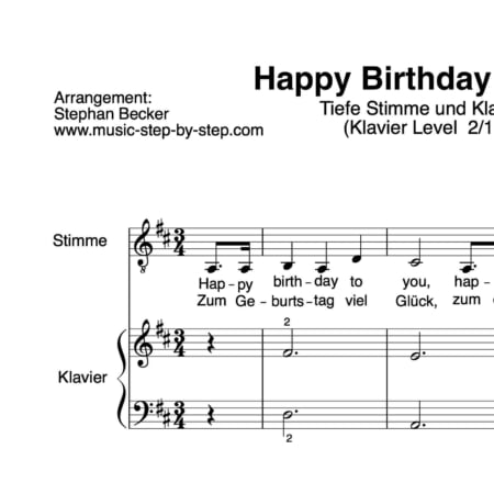 "Happy Birthday To You" für tiefe Stimme (Klavierbegleitung Level 2/10) | inkl. Aufnahme, Text und Playalong