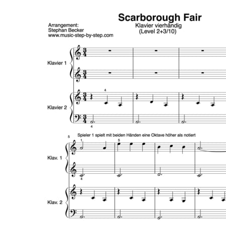 "Scarborough Fair" für Klavier vierhändig (Level 2+3/10) | inkl. Audio, Text und Playalong