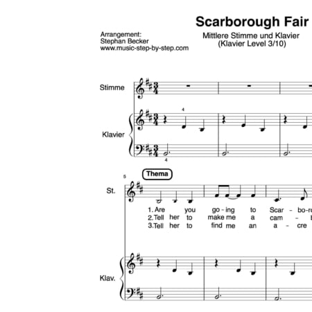 "Scarb"Scarborough Fair" für mittlere Stimme (Klavierbegleitung Level 3/10) | inkl. Aufnahme, Text und Playalongorough Fair" für mittlere Stimme (Klavierbegleitung Level 2/10) | inkl. Aufnahme, Text und Playalong