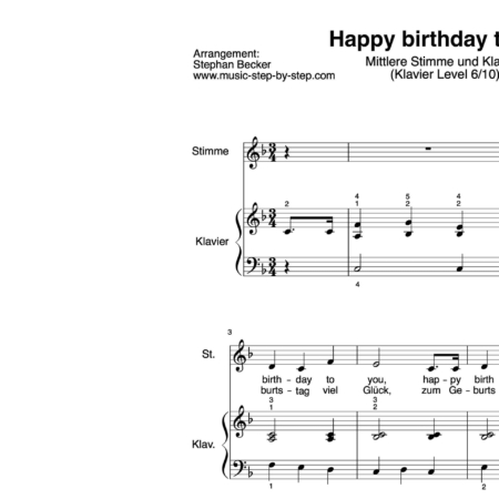 "Happy birthday yo you" für mittlere Stimme (Klavierbegleitung Level 6/10) | inkl. Aufnahme, Text und Playalong music-step-by-step