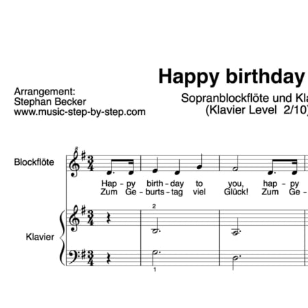 "Happy birthday to you" für Sopranblockflöte (Klavierbegleitung Level 2/10) | inkl. Aufnahme, Text und Playalong music-step-by-step