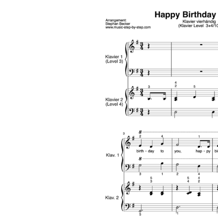 “Happy Birthday to You” für Klavier vierhändig (Level 3+4/10) | inkl. Aufnahme, Text und Playalong by music-step-by-step