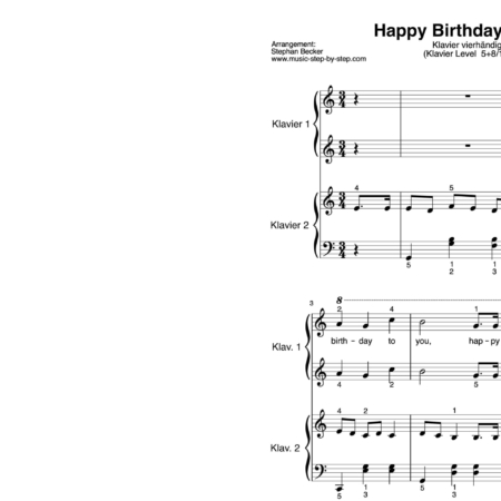 “Happy Birthday to You” für Klavier vierhändig (Level 5+8/10) | inkl. Aufnahme, Text und Playalong by music-step-by-step