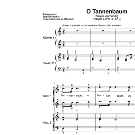 “O Tannenbaum” für Klavier vierhändig (Level 3+4/10) | inkl. Aufnahme, Text und Playalong by music-step-by-step