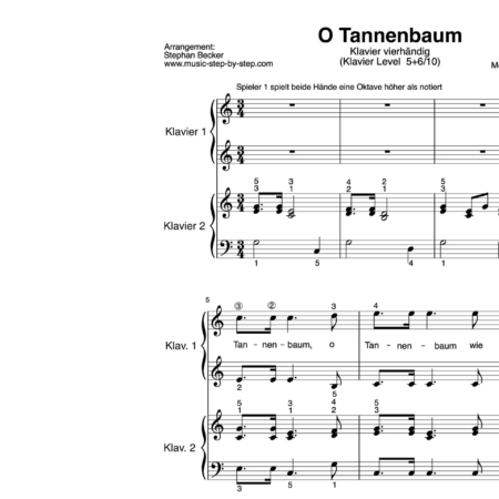 “O Tannenbaum” für Klavier vierhändig (Level 5+6/10) | inkl. Aufnahme, Text und Playalong by music-step-by-step