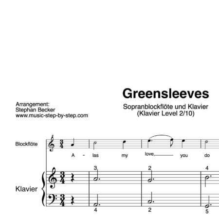 “Greensleeves” für Sopranblockflöte (Klavierbegleitung Level 2/10) | inkl. Aufnahme, Text und Playalong by music-step-by-step