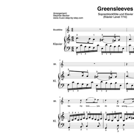 “Greensleeves” für Sopranblockflöte (Klavierbegleitung Level 7/10) | inkl. Aufnahme, Text und Playalong by music-step-by-step