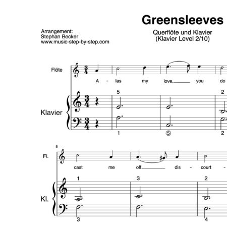 “Greensleeves” für Querflöte (Klavierbegleitung Level 2/10) | inkl. Aufnahme, Text und Begleitaufnahme by music-step-by-step