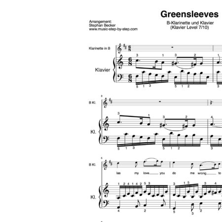 “Greensleeves” für Klarinette in B (Klavierbegleitung Level 7/10) | inkl. Aufnahme, Text und Begleitaufnahme by music-step-by-step