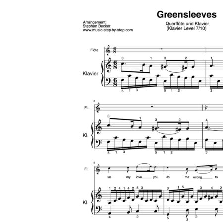 “Greensleeves” für Querflöte (Klavierbegleitung Level 7/10) | inkl. Aufnahme, Text und Begleitaufnahme by music-step-by-step