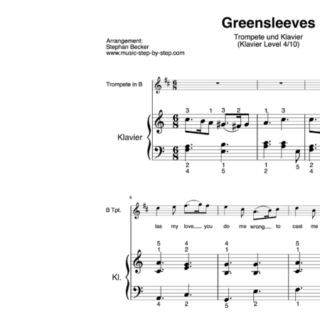 “Greensleeves” für Trompete in B (Klavierbegleitung Level 4/10) | inkl. Aufnahme, Text und Begleitaufnahme by music-step-by-step