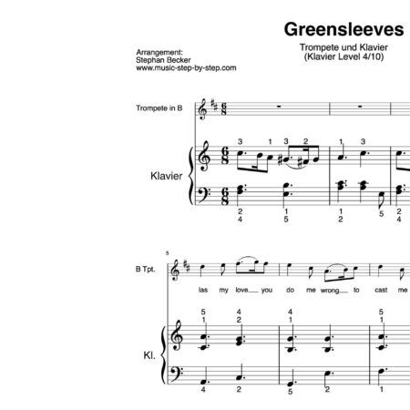 “Greensleeves” für Trompete in B (Klavierbegleitung Level 4/10) | inkl. Aufnahme, Text und Begleitaufnahme by music-step-by-step