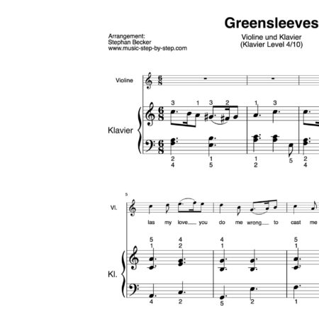 “Greensleeves” für Geige (Klavierbegleitung Level 4/10) | inkl. Aufnahme, Text und Begleitaufnahme by music-step-by-step