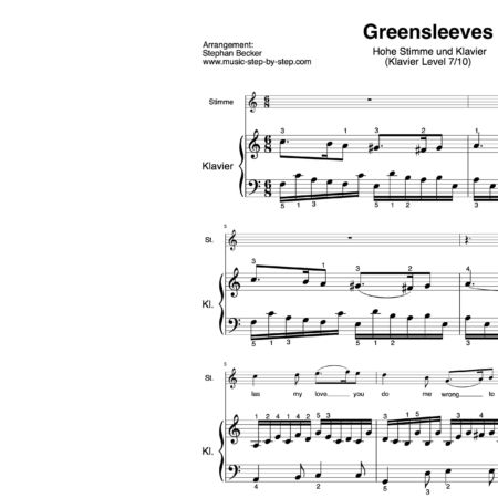 “Greensleeves” für Gesang, hohe Stimme (Klavierbegleitung Level 7/10) | inkl. Aufnahme, Text und Begleitaufnahme by music-step-by-step