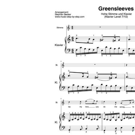 “Greensleeves” für Gesang, hohe Stimme (Klavierbegleitung Level 7/10) | inkl. Aufnahme, Text und Begleitaufnahme by music-step-by-step