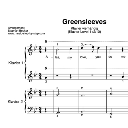 “Greensleeves” für Klavier vierhändig (Level 1+2/10) | inkl. Aufnahme, Text und zwei Begleitaufnahmen by music-step-by-step