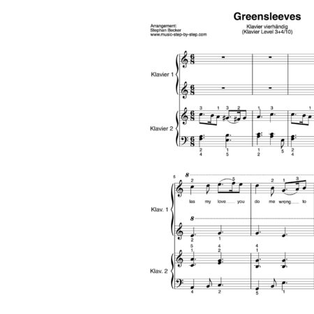 “Greensleeves” für Klavier vierhändig (Level 3+4/10) | inkl. Aufnahme, Text und zwei Begleitaufnahmen by music-step-by-step