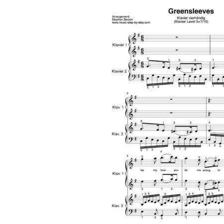 “Greensleeves” für Klavier vierhändig (Level 5+7/10) | inkl. Aufnahme, Text und zwei Begleitaufnahmen by music-step-by-step