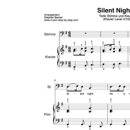 “Silent Night” für Gesang, tiefe Stimme (Klavierbegleitung Level 4/10) | inkl. Aufnahme, Text und Begleitaufnahme by music-step-by-step