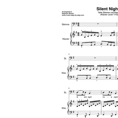 “Silent Night” für Gesang, tiefe Stimme (Klavierbegleitung Level 7/10) | inkl. Aufnahme, Text und Begleitaufnahme by music-step-by-step
