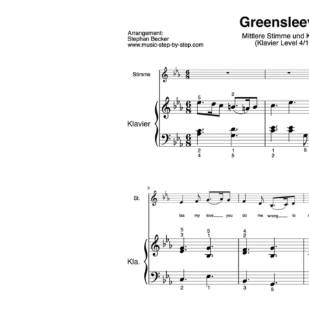 “Greensleeves” für Gesang, mittlere Stimme (Klavierbegleitung Level 4/10) | inkl. Aufnahme, Text und Begleitaufnahme