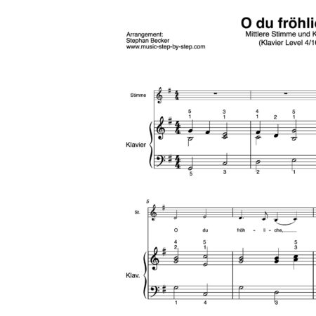 “O du fröhliche” für Gesang, mittlere Stimme (Klavierbegleitung Level 4/10) | inkl. Aufnahme, Text und Begleitaufnahme music-step-by-step