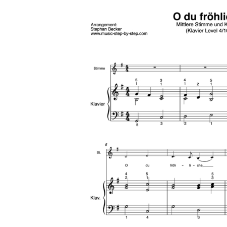“O du fröhliche” für Gesang, mittlere Stimme (Klavierbegleitung Level 4/10) | inkl. Aufnahme, Text und Begleitaufnahme music-step-by-step