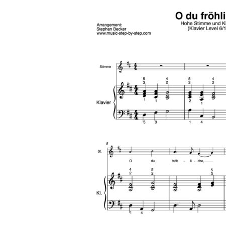 “O du fröhliche” für Gesang, hohe Stimme (Klavierbegleitung Level 6/10) | inkl. Aufnahme, Text und Begleitaufnahme music-step-by-step