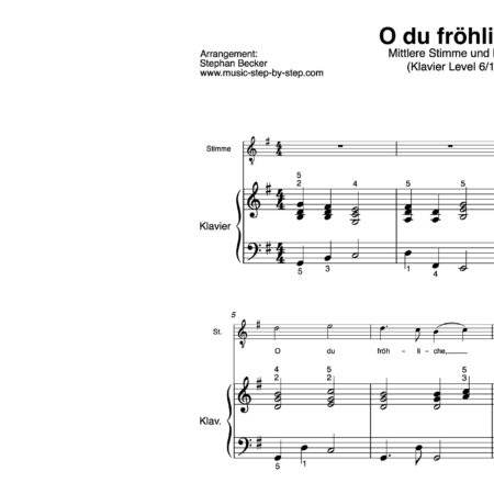 “O du fröhliche” für Gesang, mittlere Stimme (Klavierbegleitung Level 6/10) | inkl. Aufnahme, Text und Begleitaufnahme music-step-by-step