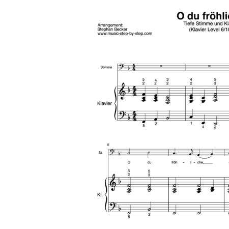 “O du fröhliche” für Gesang, hohe Stimme (Klavierbegleitung Level 6/10) | inkl. Aufnahme, Text und Begleitaufnahme music-step-by-step